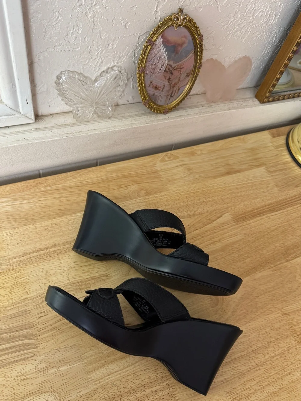 Nine West Black Leather Platform Wedge Slide Sandals Size 7.5 Y2K Minimalist